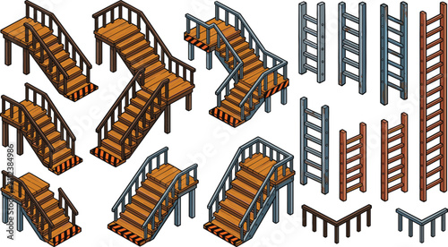 Wooden and metal stairways and ladders arranged for construction and access solutions against a white background