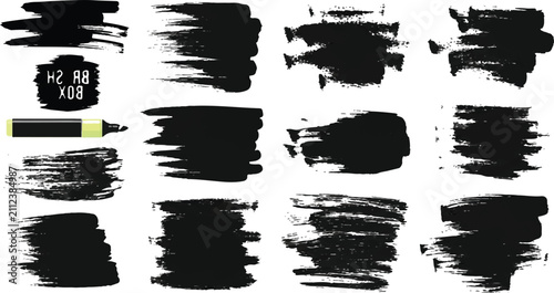 Bold ink brush stroke vector set handdrawn style heavy black solid paint swatches grunge texture highlight banner label background design