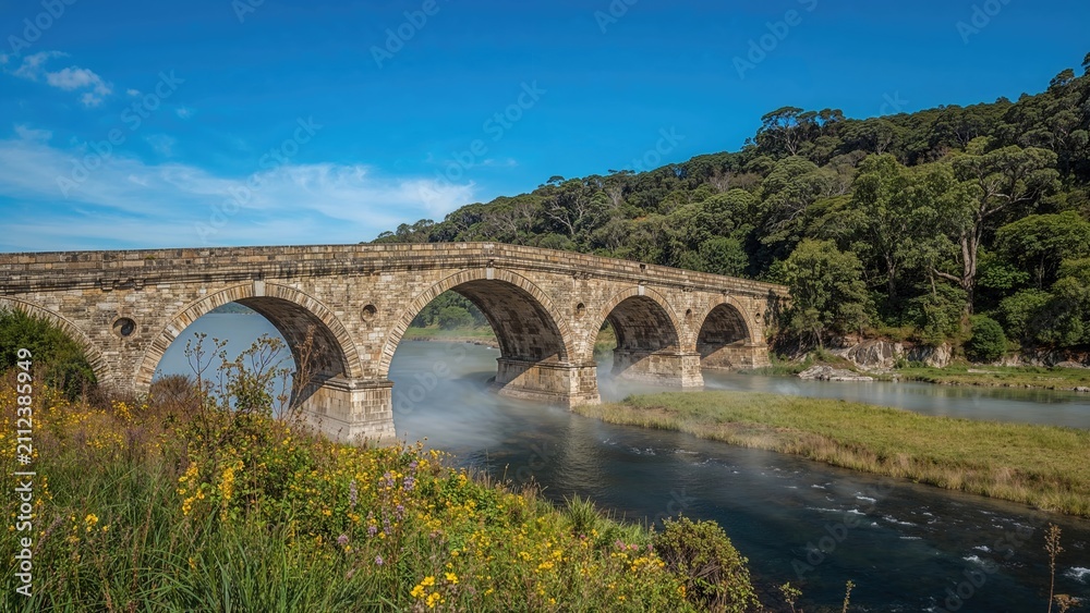 Fototapeta premium Stone bridge over a river with lush greenery and blue sky.