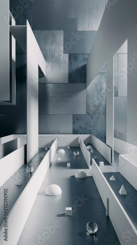 Abstract geometric maze with various shapes and metallic textures