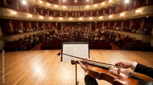 Violinist performing on stage in a grand concert hall