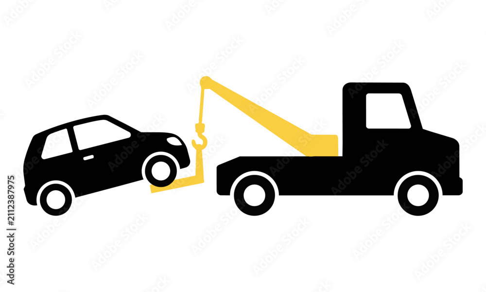 Fototapeta premium Silhouette of a tow truck lifting a compact car with a hook on a white background. Roadside assistance and vehicle recovery concept