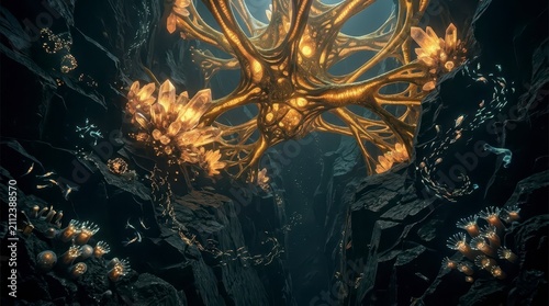 Mysterious deep cave with glowing crystals and organic structures