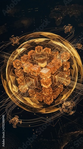 Abstract golden cubes in digital network sphere with drones