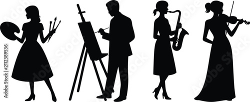 Artist and musician vector silhouettes, creative painter and musical performer characters set