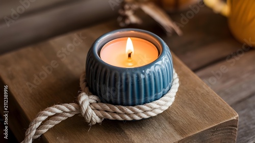 Lit blue candle on wooden block with rope wrapped around it