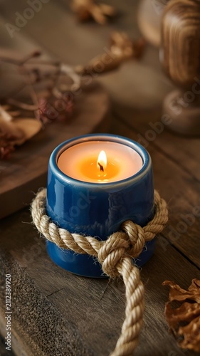 Blue ceramic tea light candle with rope decoration on wooden table