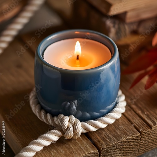 Lit candle in blue ceramic holder on wooden table with rope