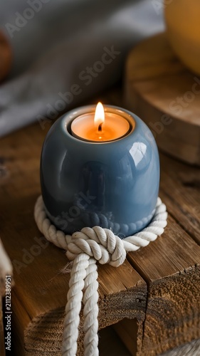 Lit candle in blue ceramic holder on wooden table with rope