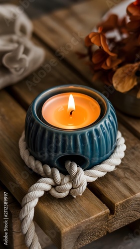 Lit candle in blue ceramic holder on wooden table with rope