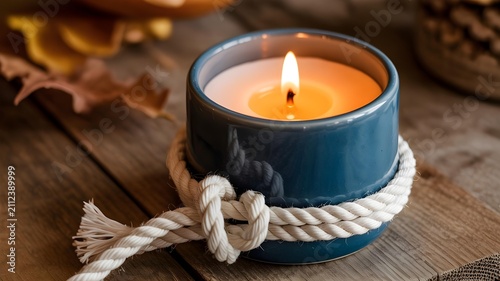 Lit candle in blue ceramic holder with rope decoration on wooden table