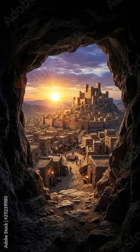 Sunset over ancient desert city and castle from cave