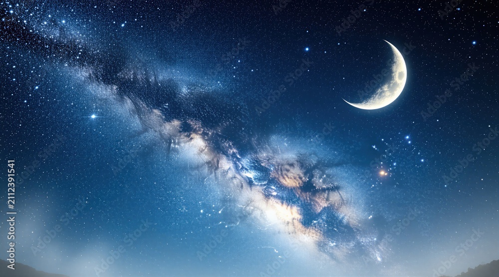 Naklejka premium Night sky with glowing crescent moon, milky way galaxy stars. Dark blue deep cosmos view filled with shiny constellation lights. Fantasy space background for spiritual astrology cards holiday