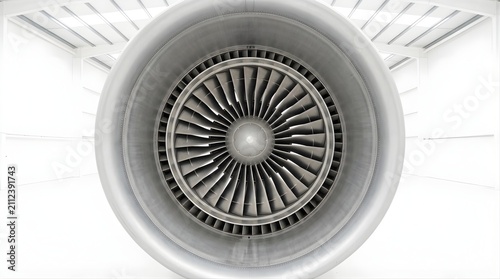 Modern jet engine turbine blades displayed inside a bright white hangar