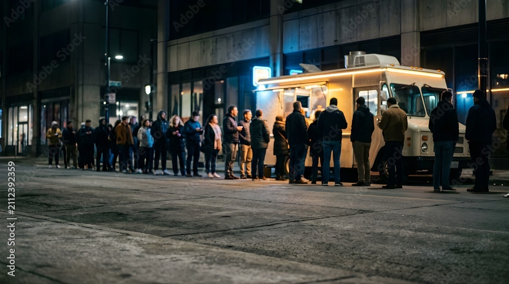 Fototapeta premium People waiting in line at a food truck on a city street at night