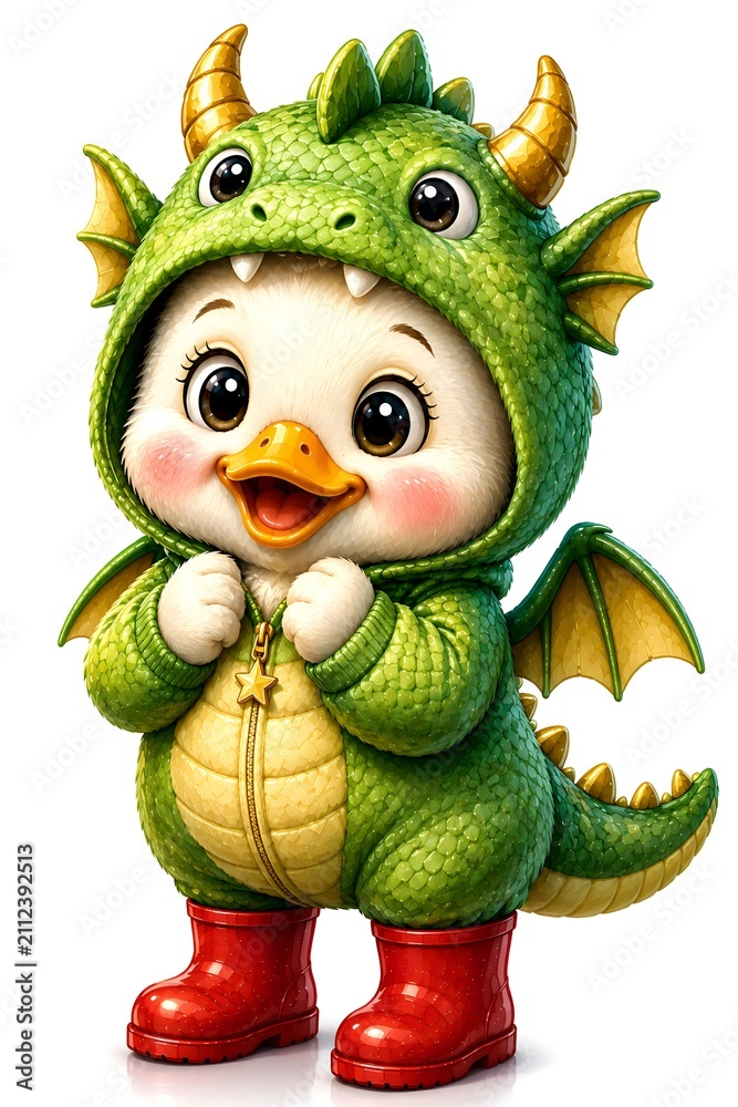 Fototapeta premium Funny Cute Baby Duck Wearing Green Dino Suit and Red Boots 3D Character Illustration