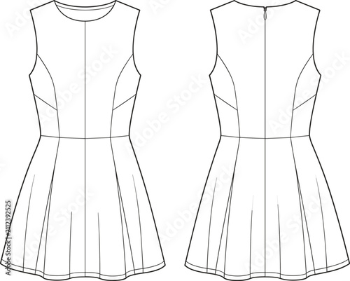 Women's Sleeveless Fit and Flare Dress Technical Fashion Flat Sketch Front and Back Vector TemplateWomen's Sleeveless Fit and Flare Dress Technical Fashion Flat Sketch Front and Back Vector Template