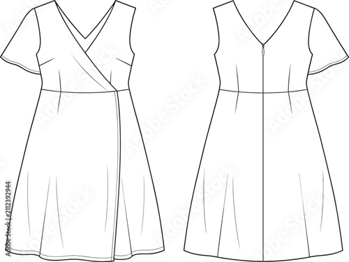 Women's Wrap Midi Dress Technical Fashion Flat Sketch Front and Back Vector TemplateWomen's Wrap Midi Dress Technical Fashion Flat Sketch Front and Back Vector Template