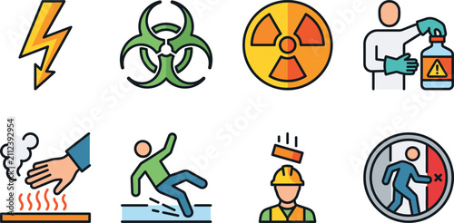 Workplace Safety and Hazard Warning Icons Flat Vector IllustrationWorkplace Safety and Hazard Warning Icons Flat Vector Illustration