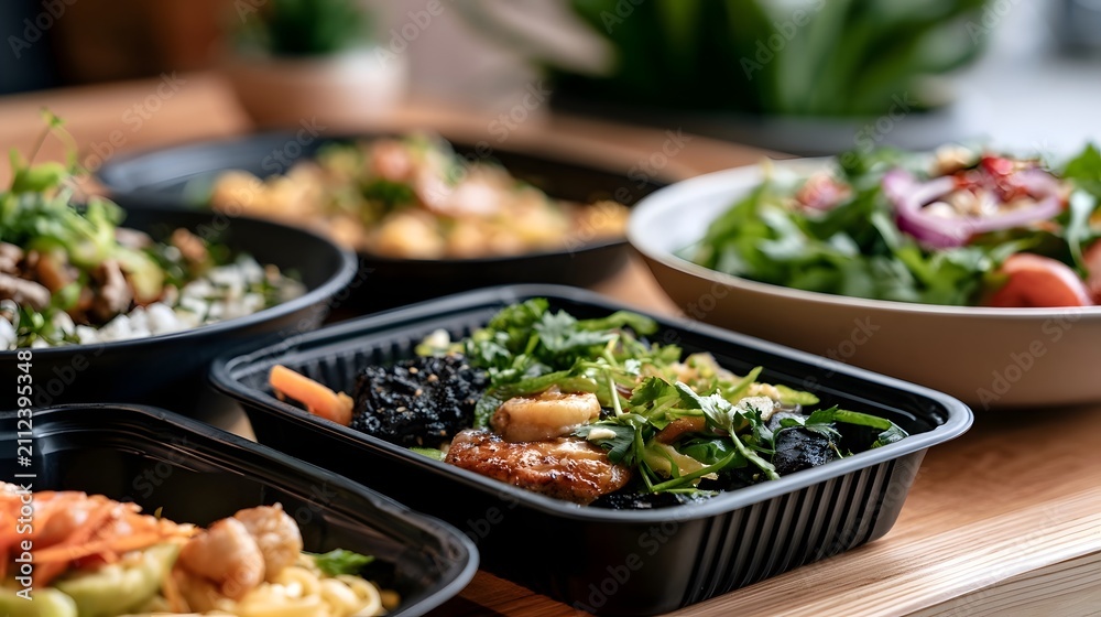 Obraz premium Freshly prepared meal containers filled with colorful salads and proteins arranged on a wooden surface