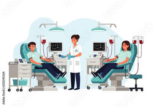 Bild auf Leinwand Vector Flat Design Illustration of a nurse supervising two patients undergoing d