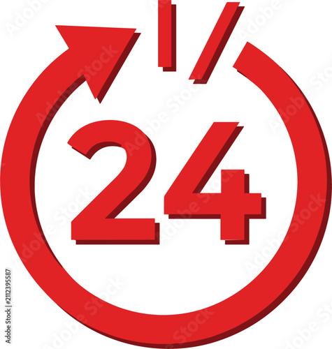 Fotografie Red 24 Hours Open Service Icon Vector Design with Circular Arrow and Clock Hands