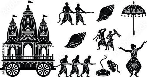 Bild auf Leinwand Indian ratha yatra festival vector icons set featuring temple chariot devotees p