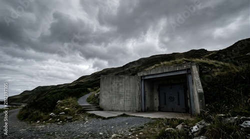 Concrete bunker with steel door set in a rugged coastal cliff landscape