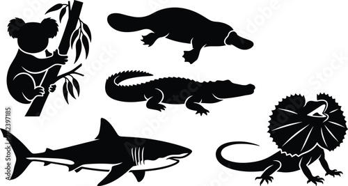 Canvas Print Australian wildlife vector silhouettes set featuring black icons of koala platyp