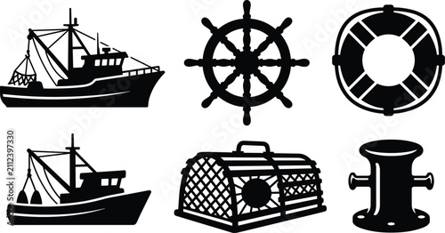 Konstfotografi Commercial fishing and nautical icon set featuring fishing trawler boats ship st
