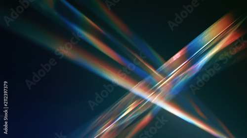 Crossed rainbow light leak overlay with cinematic glass refraction and glowing prism streaks for creative photo editing background