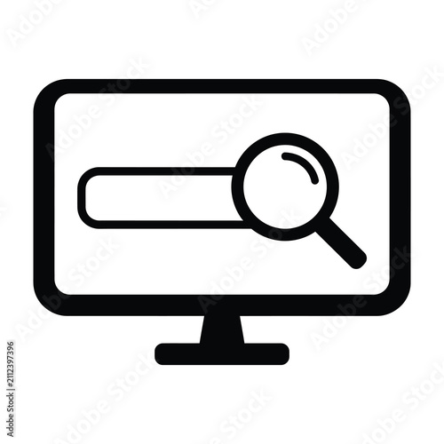 Search bar on computer screen with magnifying glass icon closeup