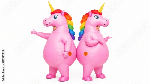 Two large, inflatable pink unicorns with rainbow manes, showcasing a playful and whimsical design, perfect for parties or events.
