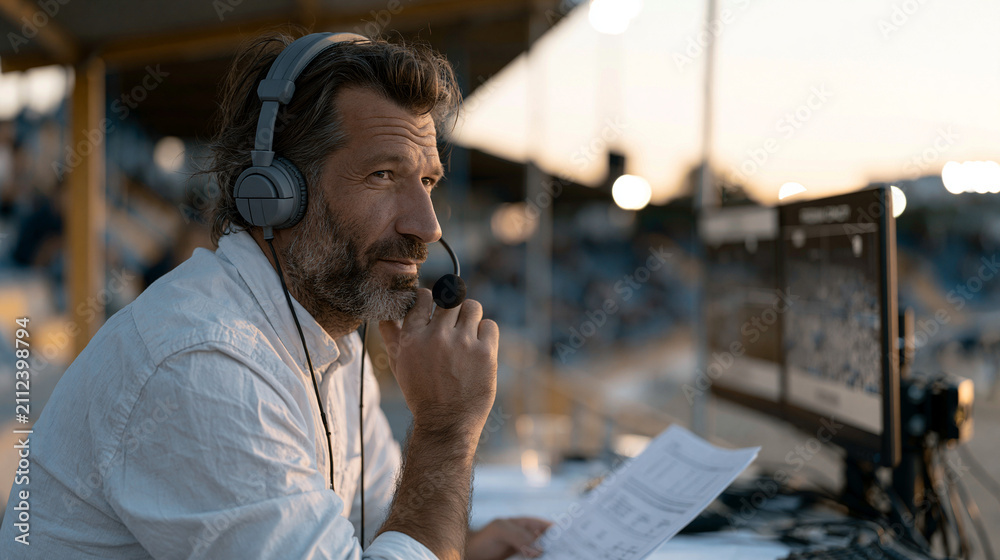 Obraz premium Sports commentator at a twilight stadium broadcast position reviewing a semiconductor fabrication documentary on a monitor between matches, before and after stadium capacity