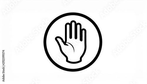 Human hand palm gesture signaling stop and warning inside a circular black outline frame