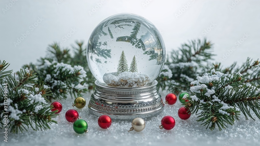 Obraz premium Winter scene with snow globe, pine branches, and colorful ornaments, capturing a festive holiday atmosphere.