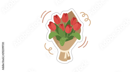 Illustrated bouquet of red roses with decorative swirls.