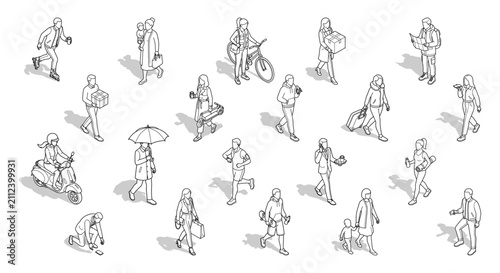 Obraz na płótnie Isometric people line art vector silhouettes | Diverse figures walking and commu