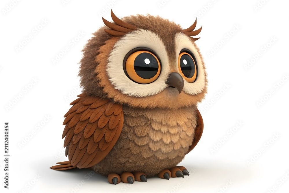 Fototapeta premium Cute cartoon owl with big expressive eyes looking forward