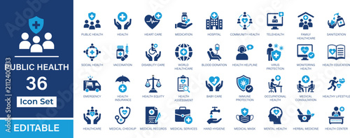 Public Health 36 editable solid icon set. Healthcare, hospital, vaccination, hygiene, wellness, telemedicine and community health vector icons for UI, UX, web and app design.