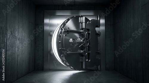 Massive metal bank vault door opening in a dark concrete room background