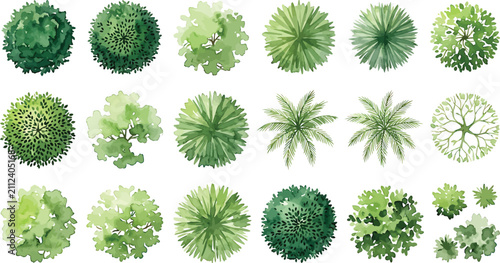 Set of watercolor tree top view icons for architectural landscape design and site planning vector illustration
