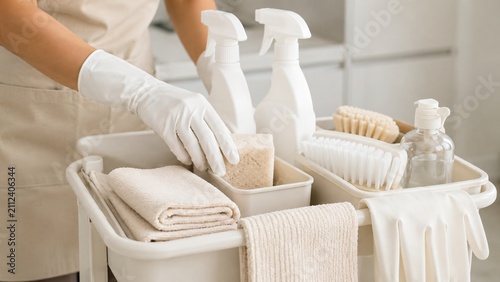 Woman cleaner with housekeeping cart filled with supplies. Maid organizing sponge, spray bottle, rag and brush for home sanitizing. Professional housekeeping and domestic chore service.