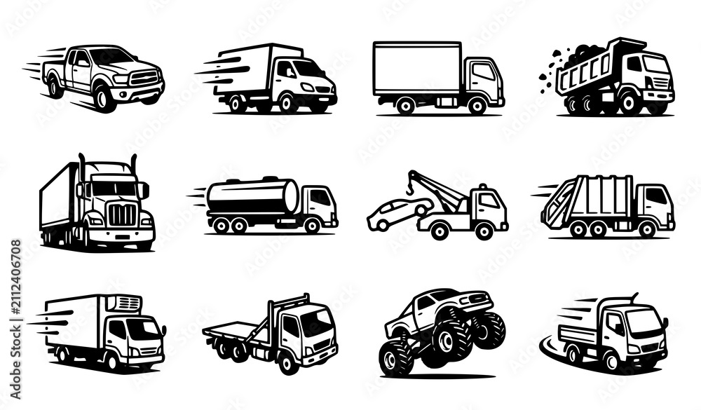Obraz premium Truck vehicle transportation and delivery editable outline vector icon collection