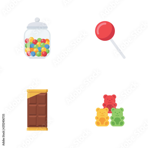 Sweet treats selection featuring a glass jar filled with colorful gumballs a single red lollipop a chocolate bar and a small pile of gummy bears