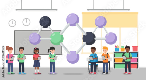 Diverse Students Using Digital Tablets in Classroom with Science Model