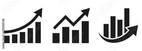 Set of three black business growth bar chart icons with rising arrows representing financial success progress and positive market trends for analysis