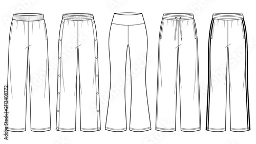 womens athletic track and snap button pants fashion flat sketch vector illustration