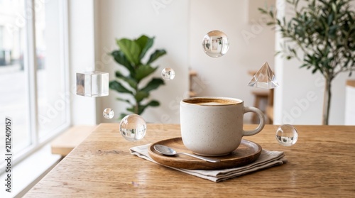 Steaming cup of hot coffee on wooden table with floating transparent crystal geometric shapes including spheres and pyramid, surreal artistic composition with natural light and ...