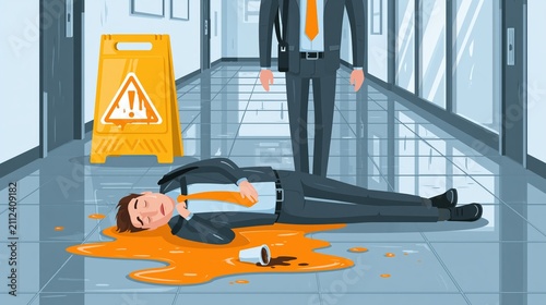 Gentleman slips on a wet floor in an office hallway.